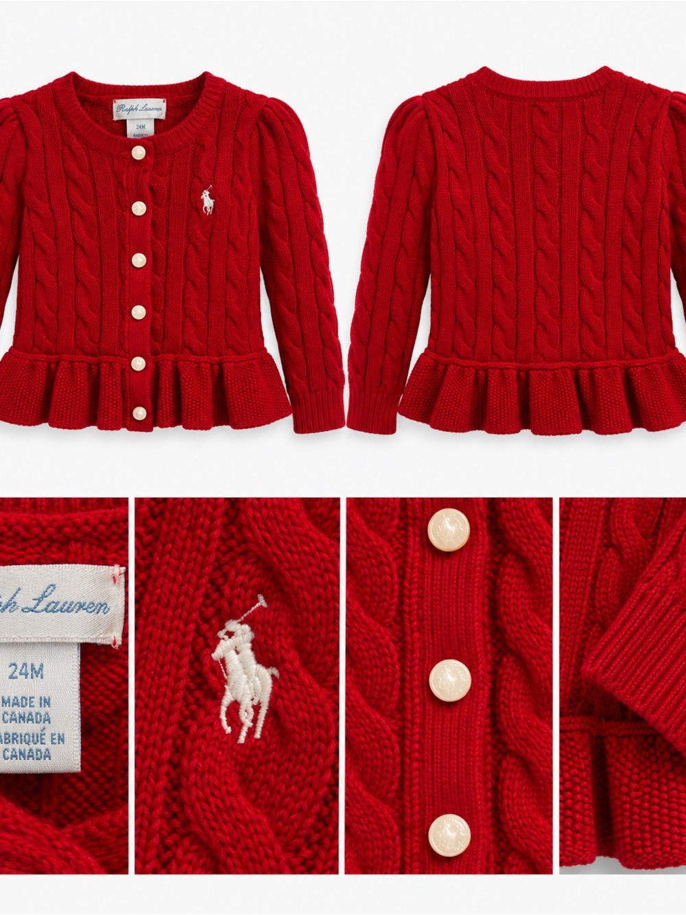 Ralph Lauren Red Cable Knit Peplum Cardigan Jacket